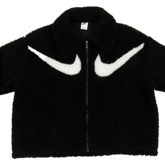 NEW Womens Nike Sherpa Fleece Black White Big Swoosh Full Zip Coat Jacket XL - Picture 1 of 7